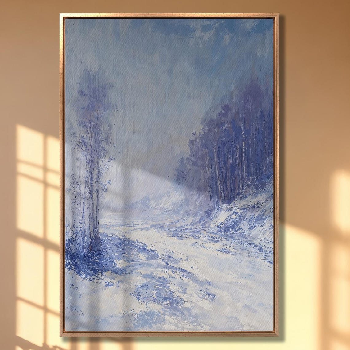 Snowy Forest Road in Soft Blue Monochrome Winter Scene Poster