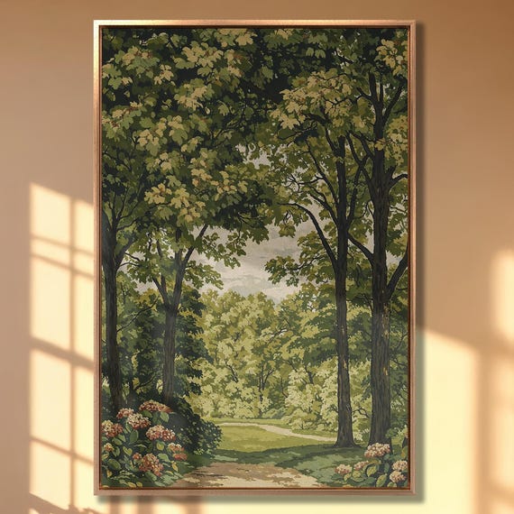 Peaceful Green Landscape Extra Large Framed Print Minimalist Nature Wall Art Tranquil Forest Trail Scene Decor Ready To Hang