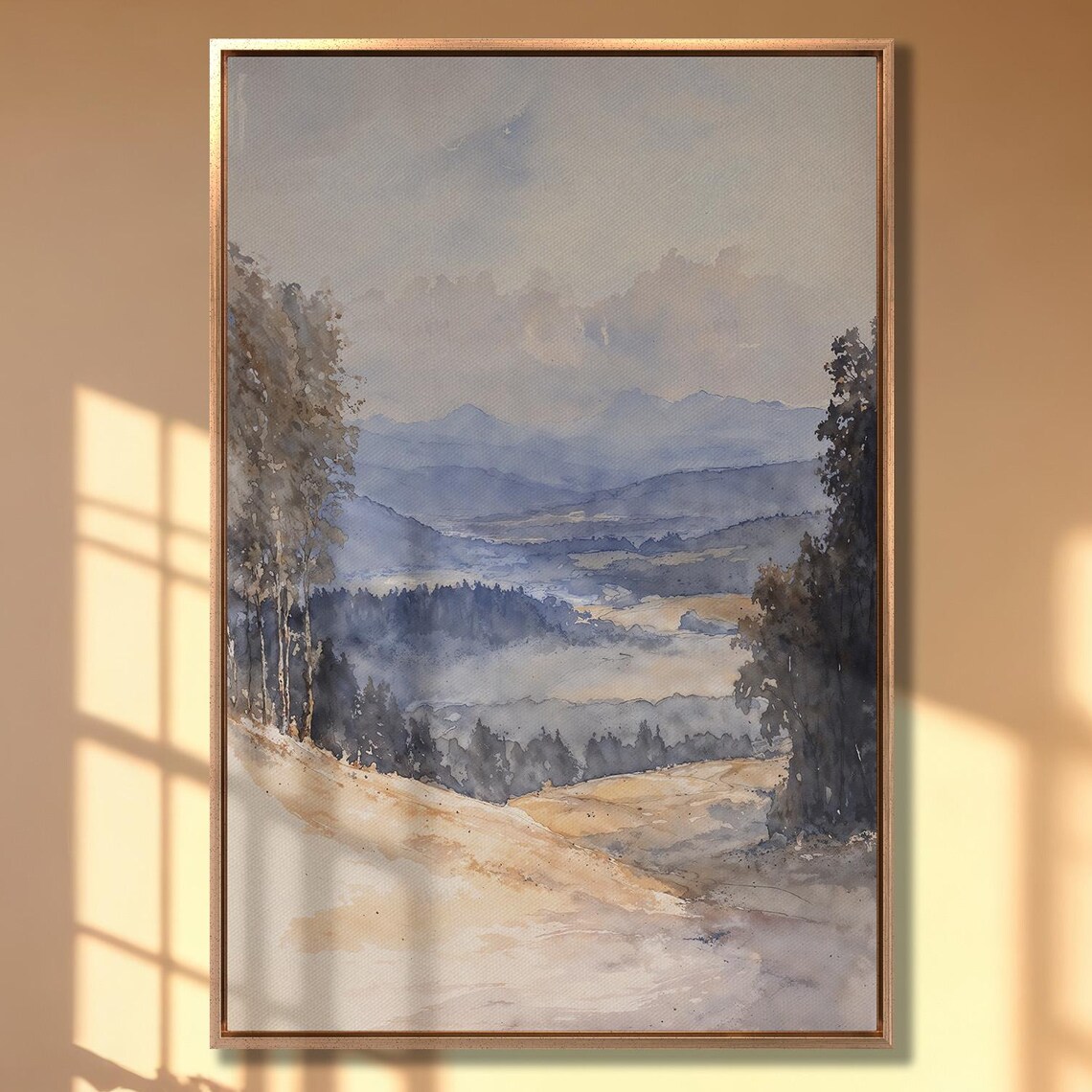 Golden Sunlit Hillside View Over Misty Blue Mountain Ranges Poster