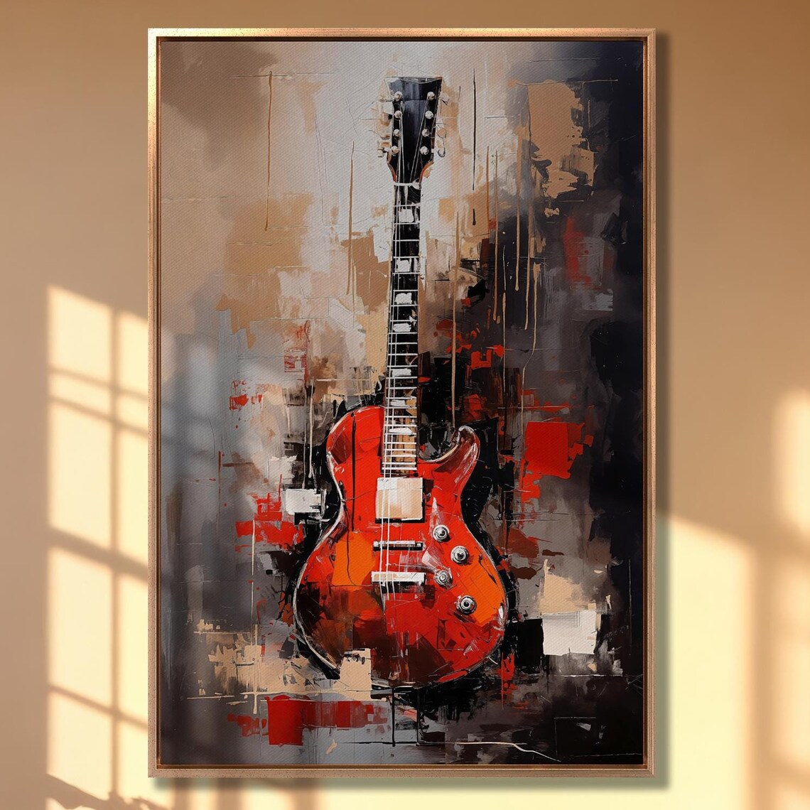 Red Guitar Abstract Music Room Wall Art Print