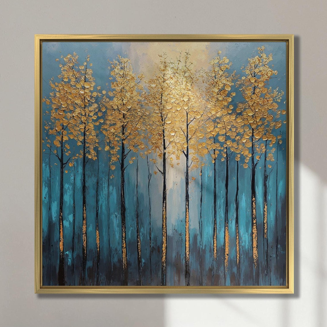 Abstract Gold Trees Against a Teal Blue Forest Landscape Wall Art