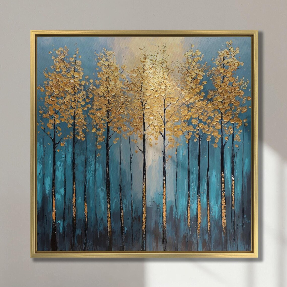 Abstract Trees With Golden Leaves Wall Art Modern Forest Landscape Painting Print Luxury Decor Blue And Gold Art Poster Ready To Hang