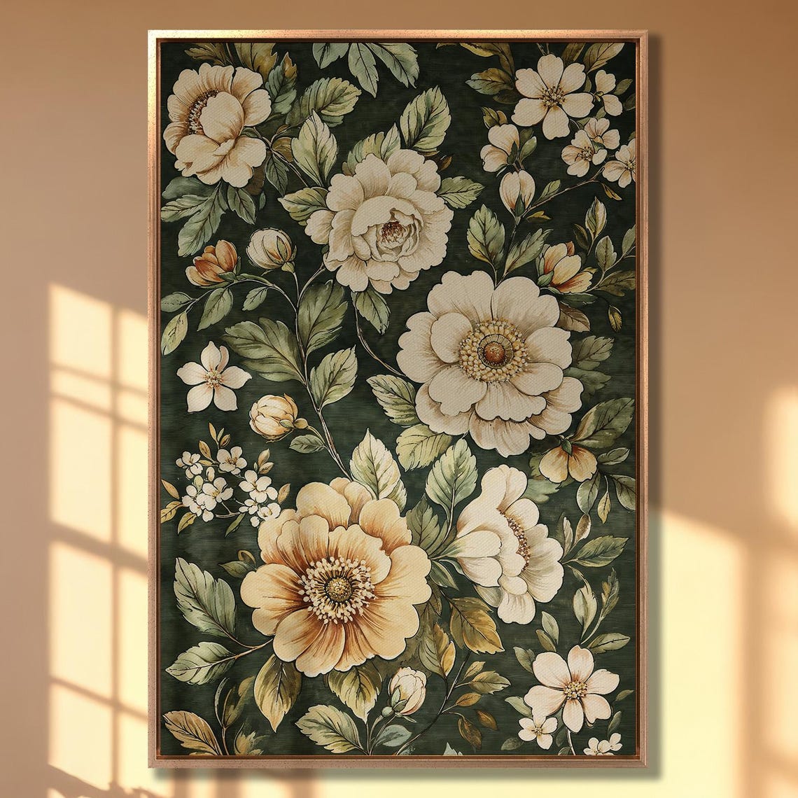 Cream White Wildflowers on Deep Green Morris Style Wall Print