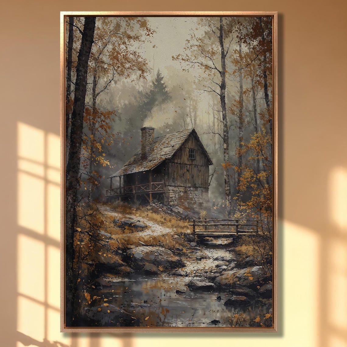 Old Wooden Cabin by Rocky Creek in Misty Autumn Forest Poster