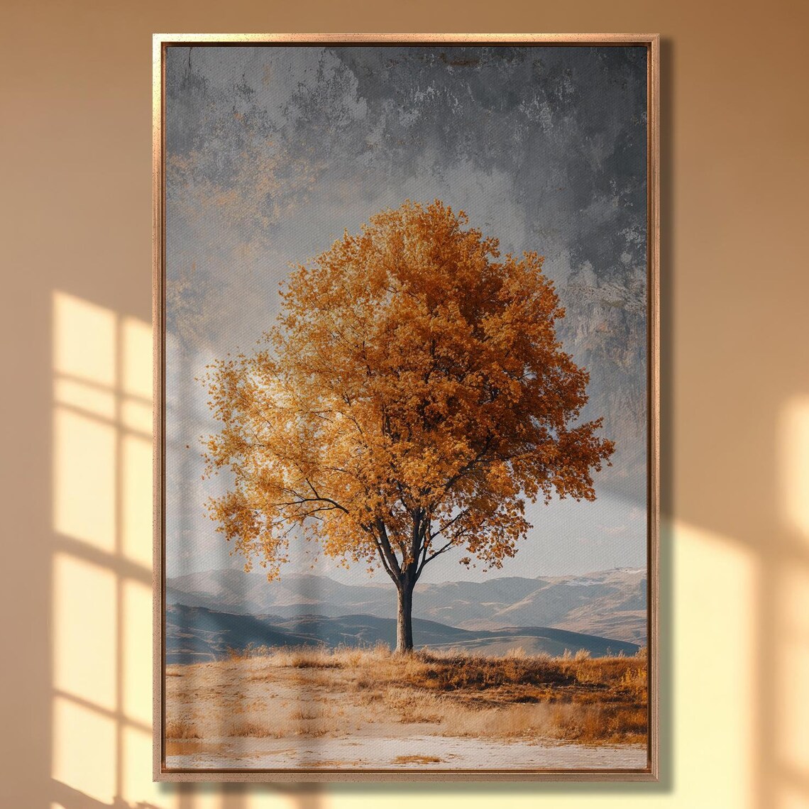 Lone Autumn Tree With Orange Foliage Under Cloudy Sky Landscape Poster