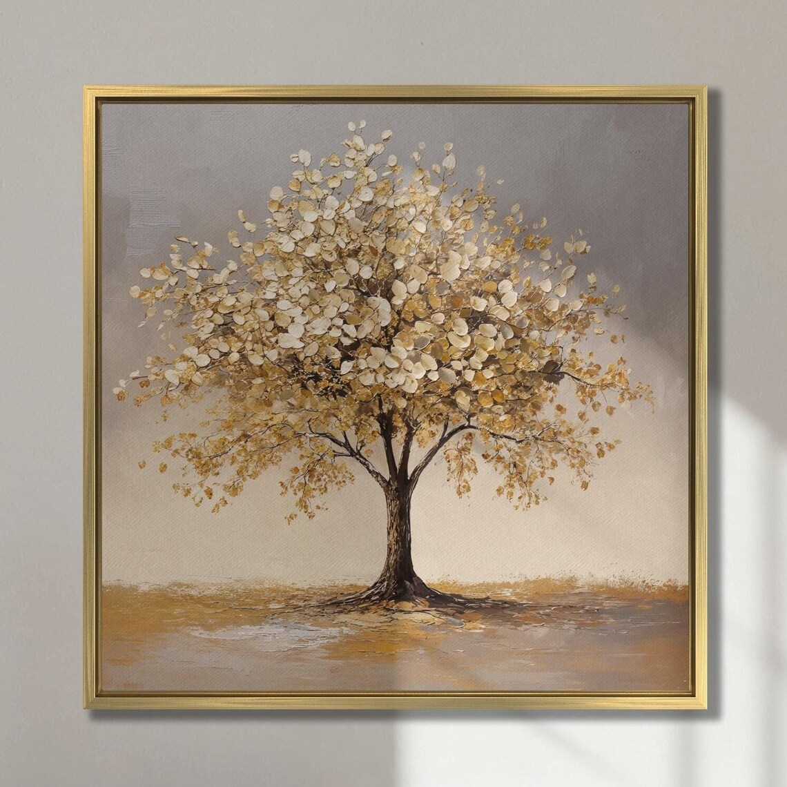 Elegant Cream and Gold Leaf Tree Abstract Nature Painting Wall Art