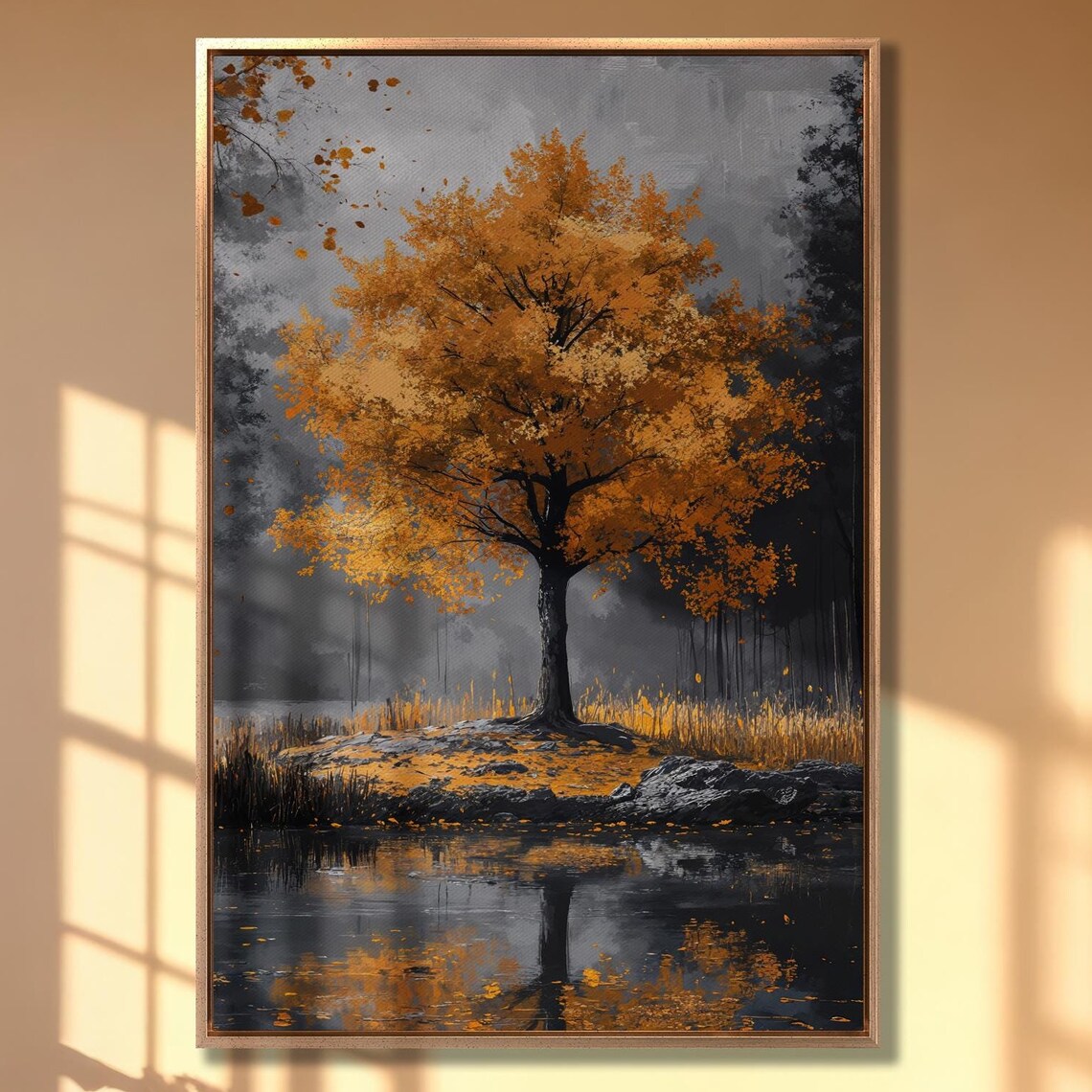 Vibrant Autumn Tree by a Lake on a Rocky Shore Landscape Poster
