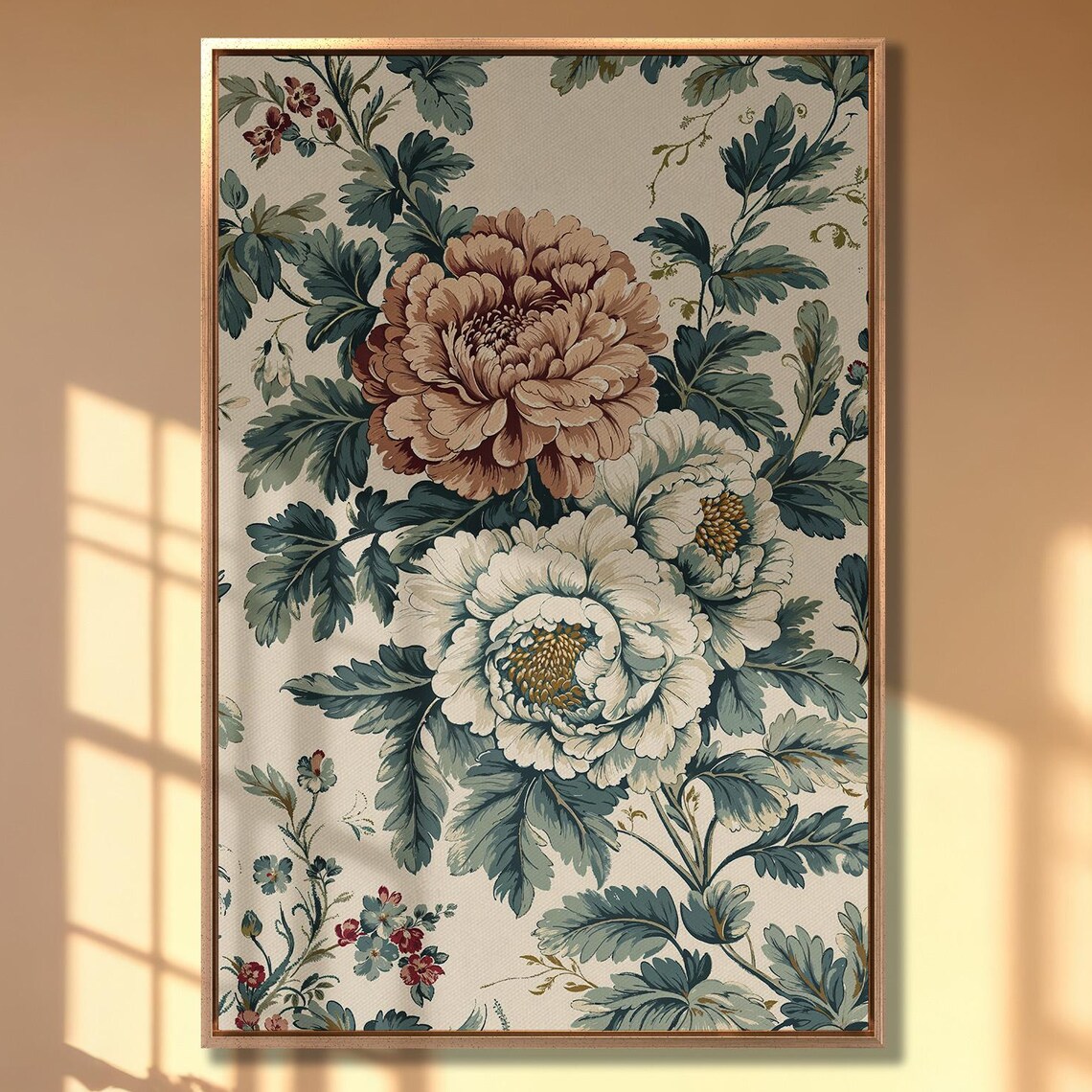 Dusty Rose Peonies With Cream Blooms Morris Style Floral Print