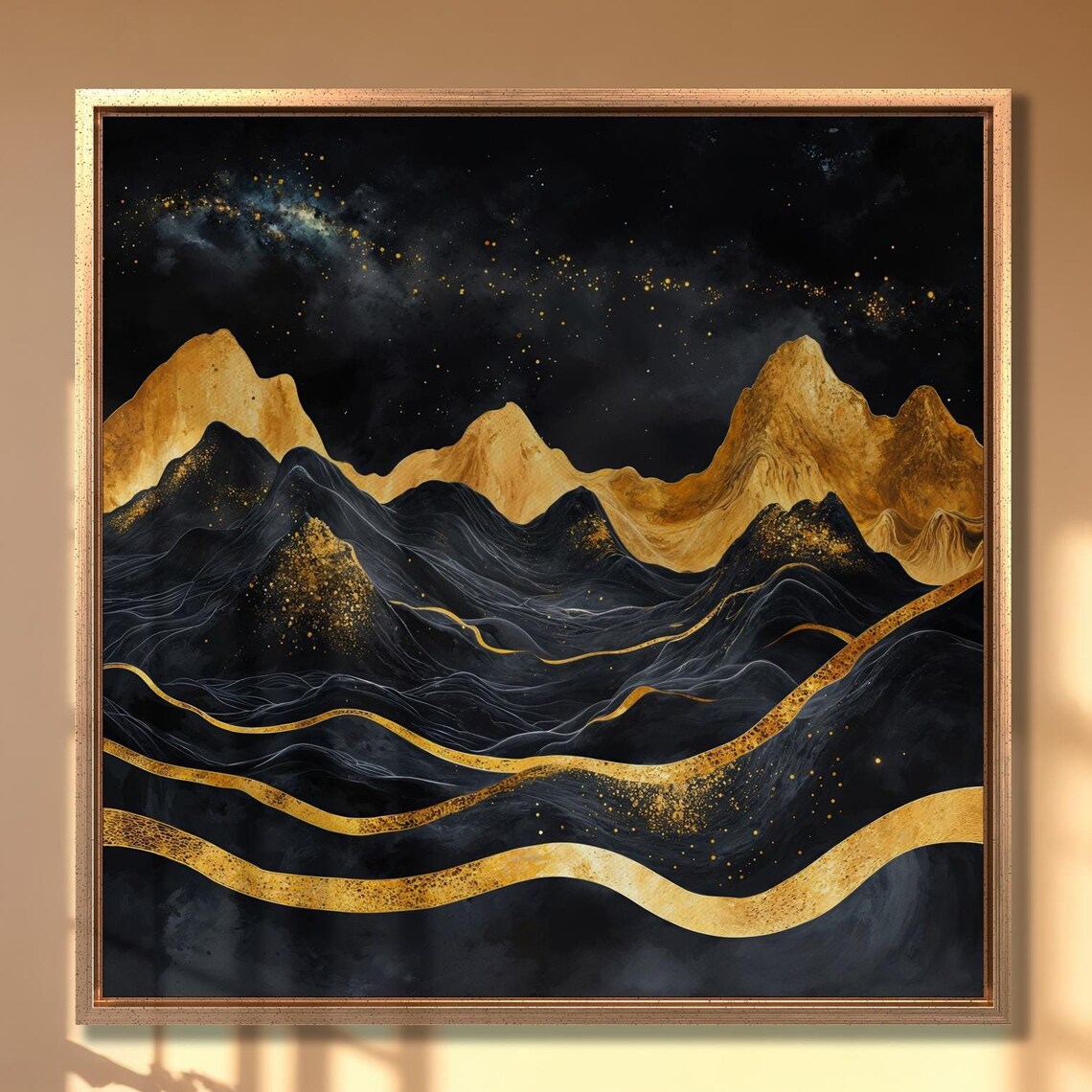 Black And Gold Mountains Wall Art Abstract Night Landscape Print Luxury Wall Decor Mountain Poster Starry Sky Artwork Ready To Hang