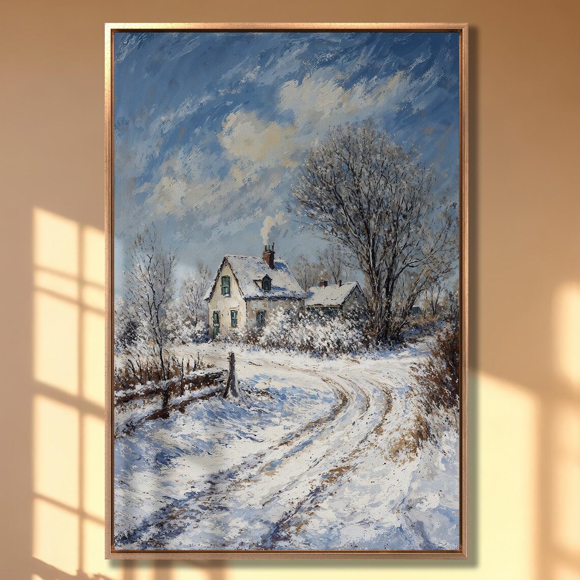 Snowy Country Road to White Cottage in Blue Winter Sky Poster