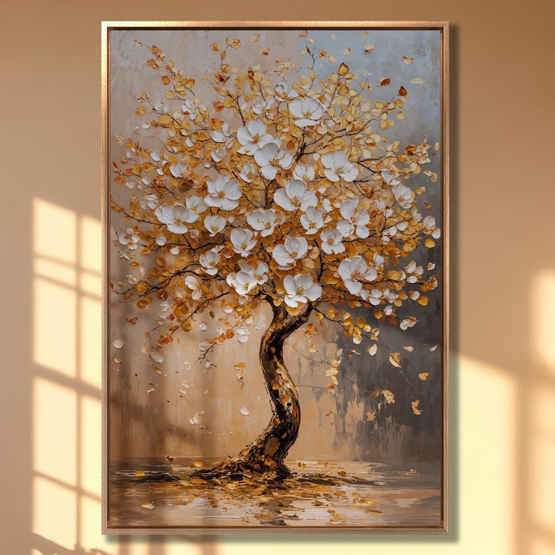 White Blossom Tree With Golden Leaves Nature Painting Wall Art