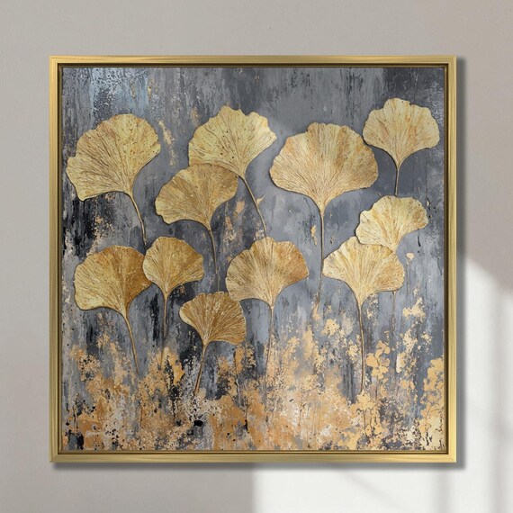 Elegant Gold Ginkgo Leaves Wall Art Abstract Leaf Painting Print Modern Botanical Wall Decor Large Luxury Poster Ready To Hang Gift