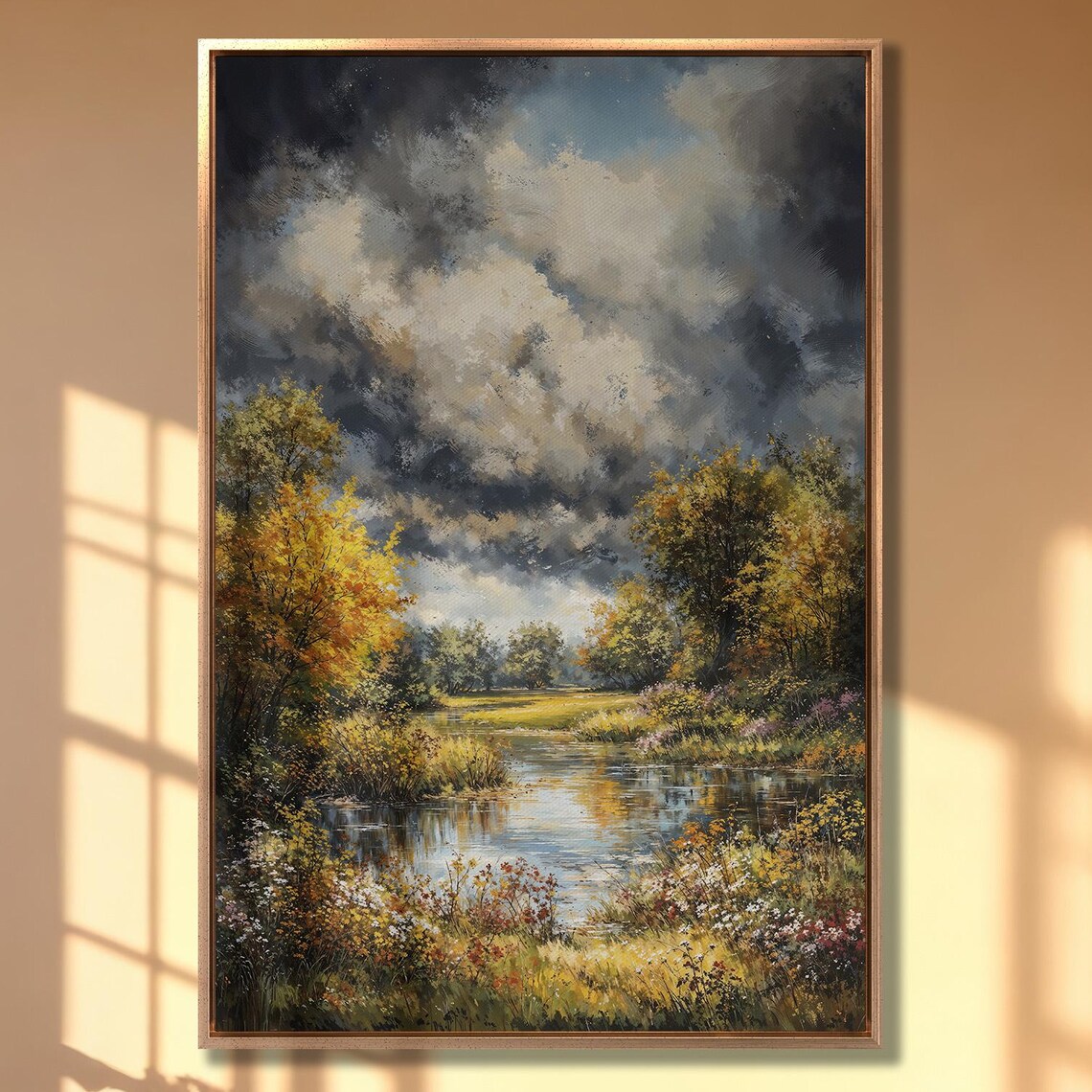 Golden Autumn Forest Pond With Wildflowers Under Stormy Sky Poster