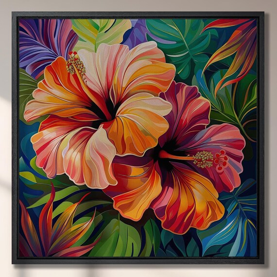 Hibiscus Flowers, Vibrant Tropical Botanical Art Print
