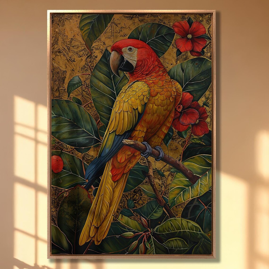 Scarlet Macaw Perched Among Red Flowers Tropical Parrot Art Poster