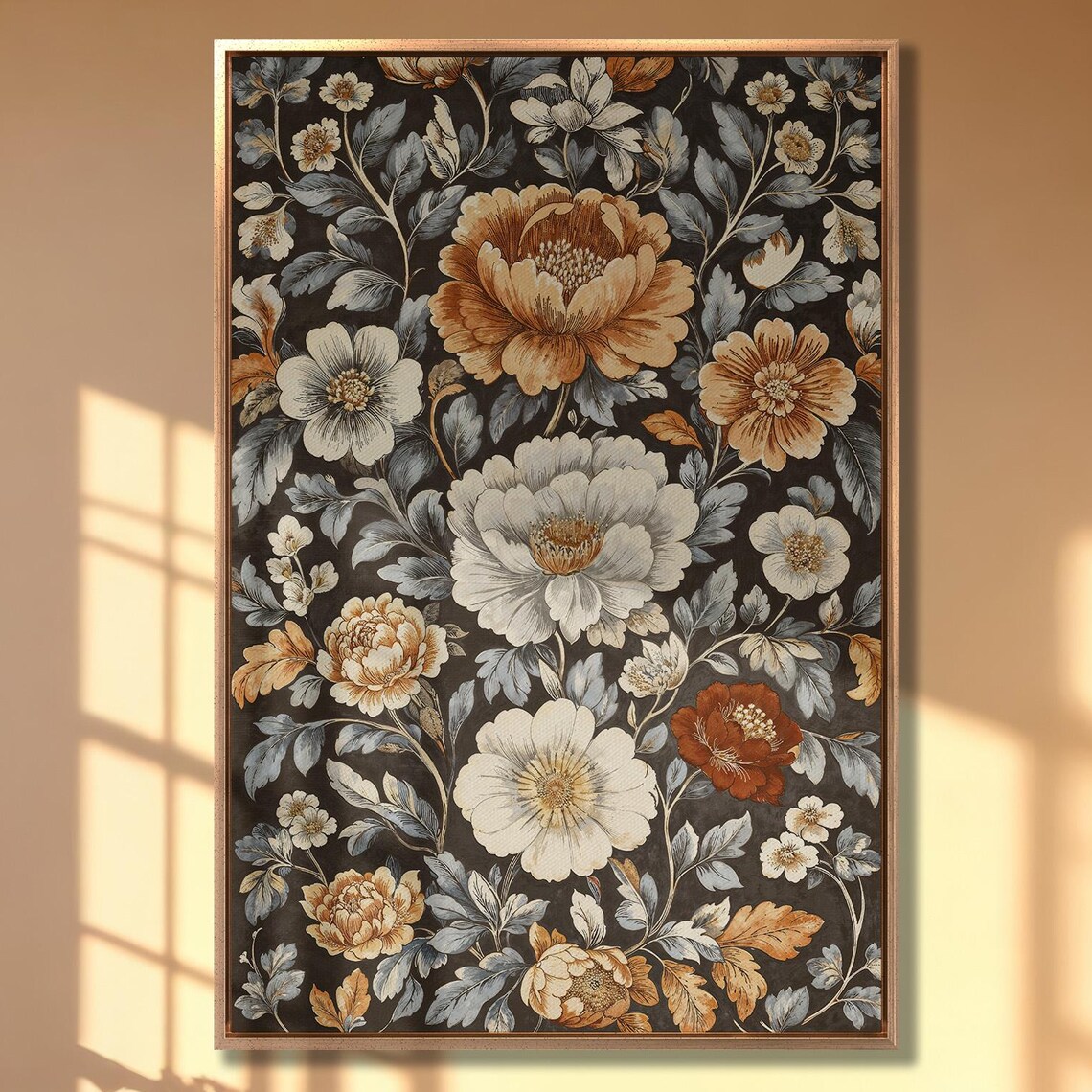 Rich Vintage Amber and Cream Peony Floral Botanical Art Print