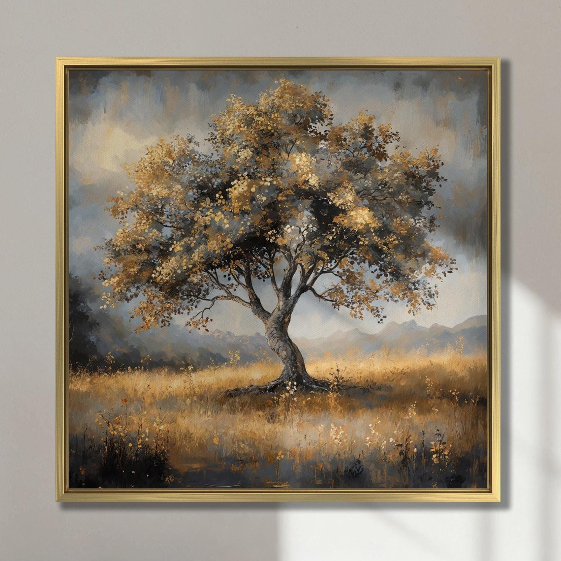Peaceful Tree In Meadow Wall Art Serene Landscape Painting Print Farmhouse Wall Decor Large Nature Scenery Poster Ready To Hang Gift