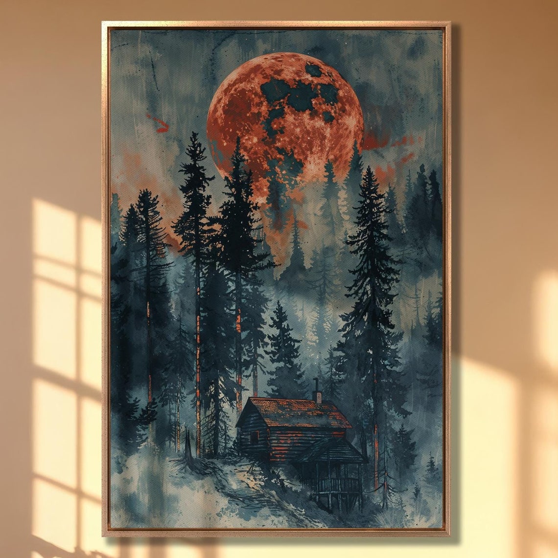 Crimson Moon Over Misty Forest And Lonely Cabin Painting Poster