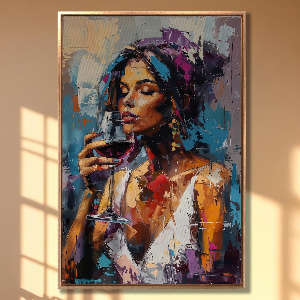 Elegant Woman Drinking Red Wine, Abstract Art Print