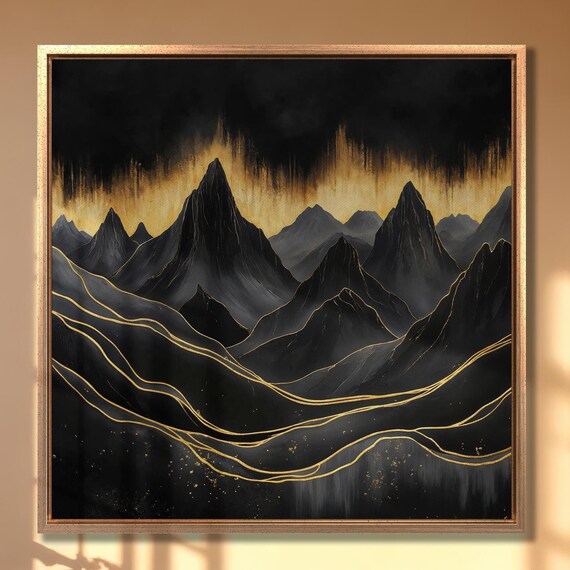Abstract Mountain Landscape Wall Art Surreal Mountains Painting Print Luxury Wall Decor Black And Gold Scenery Poster Ready To Hang