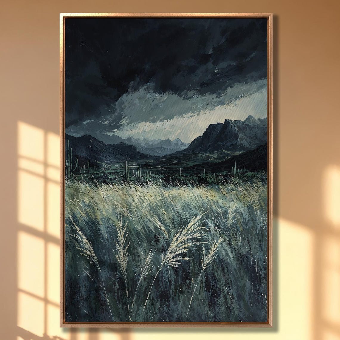 Mountain Landscape Artwork Extra Large Framed Print Stormy Sky And Green Field Scenic Nature Home Wall Decor Ready To Hang