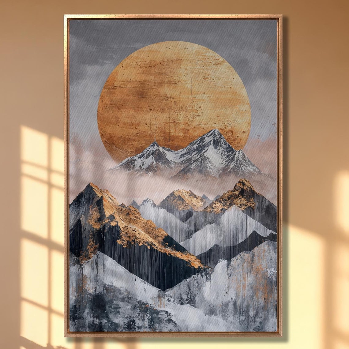 Giant Copper Sun Over Layered Snowy Mountain Ranges View Poster