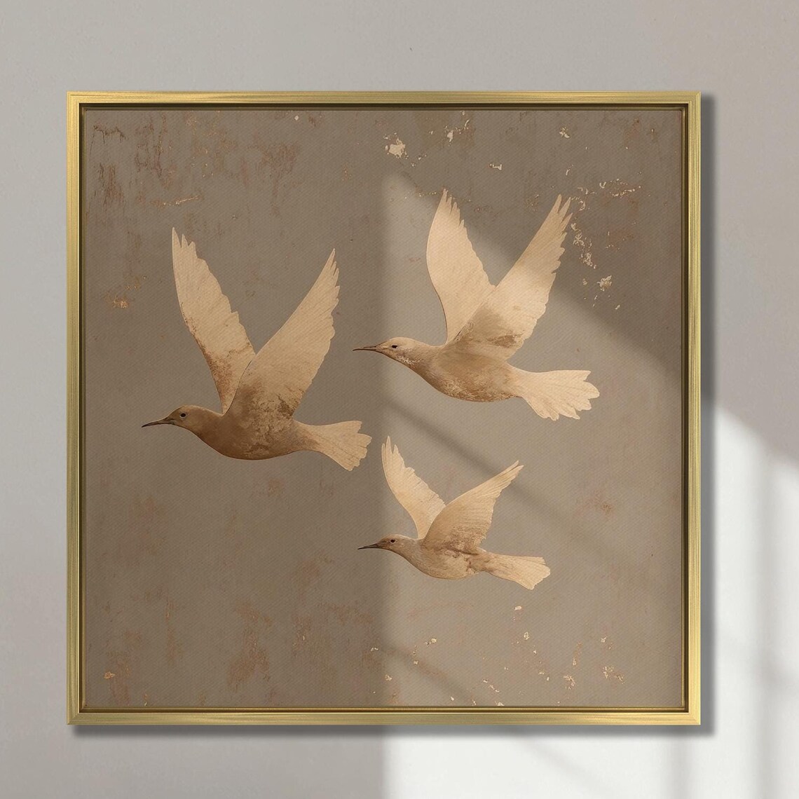 Three Flying Birds in Sepia Gold Minimalist Nature Art Poster