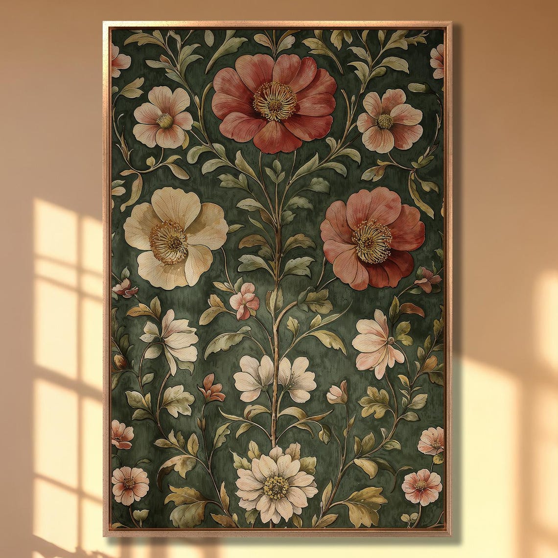 Coral Anemone Flowers on Deep Forest Green Vintage Art Print