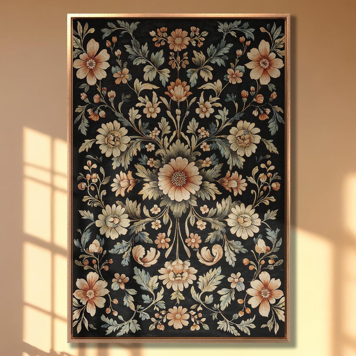 Elegant Vintage Floral Damask Pattern in Cream on Black Print