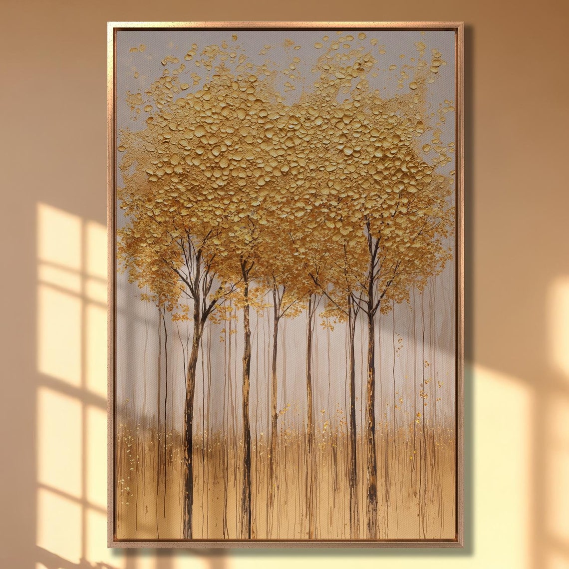 Five Textured Golden Trees on a Pale Abstract Background Wall Art