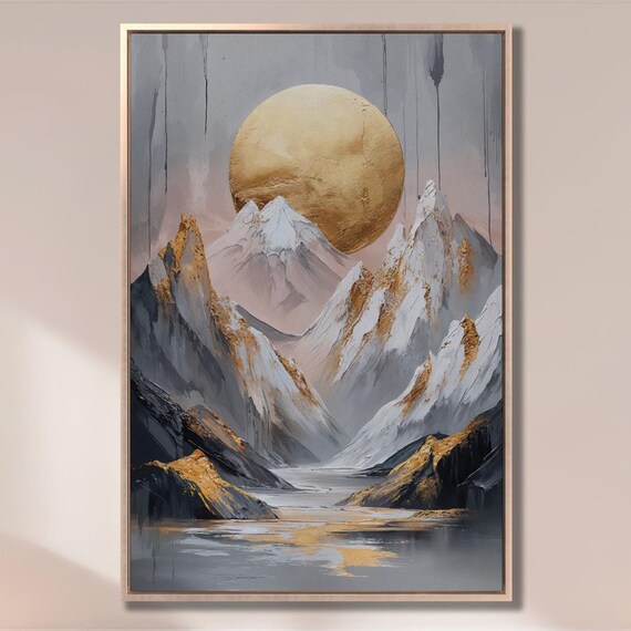 Majestic Mountain And Golden Moon Wall Art Abstract Landscape Painting Print Luxury Wall Decor Snowy Mountains Poster Ready To Hang