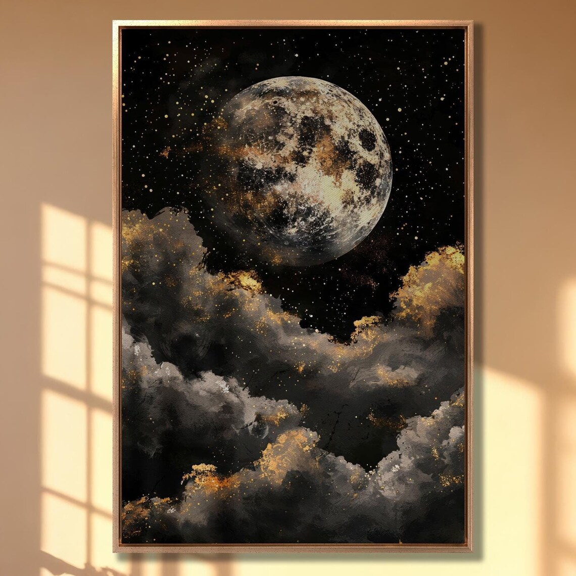 Full Moon Rising Over Golden Clouds Starry Night Sky Artwork Poster