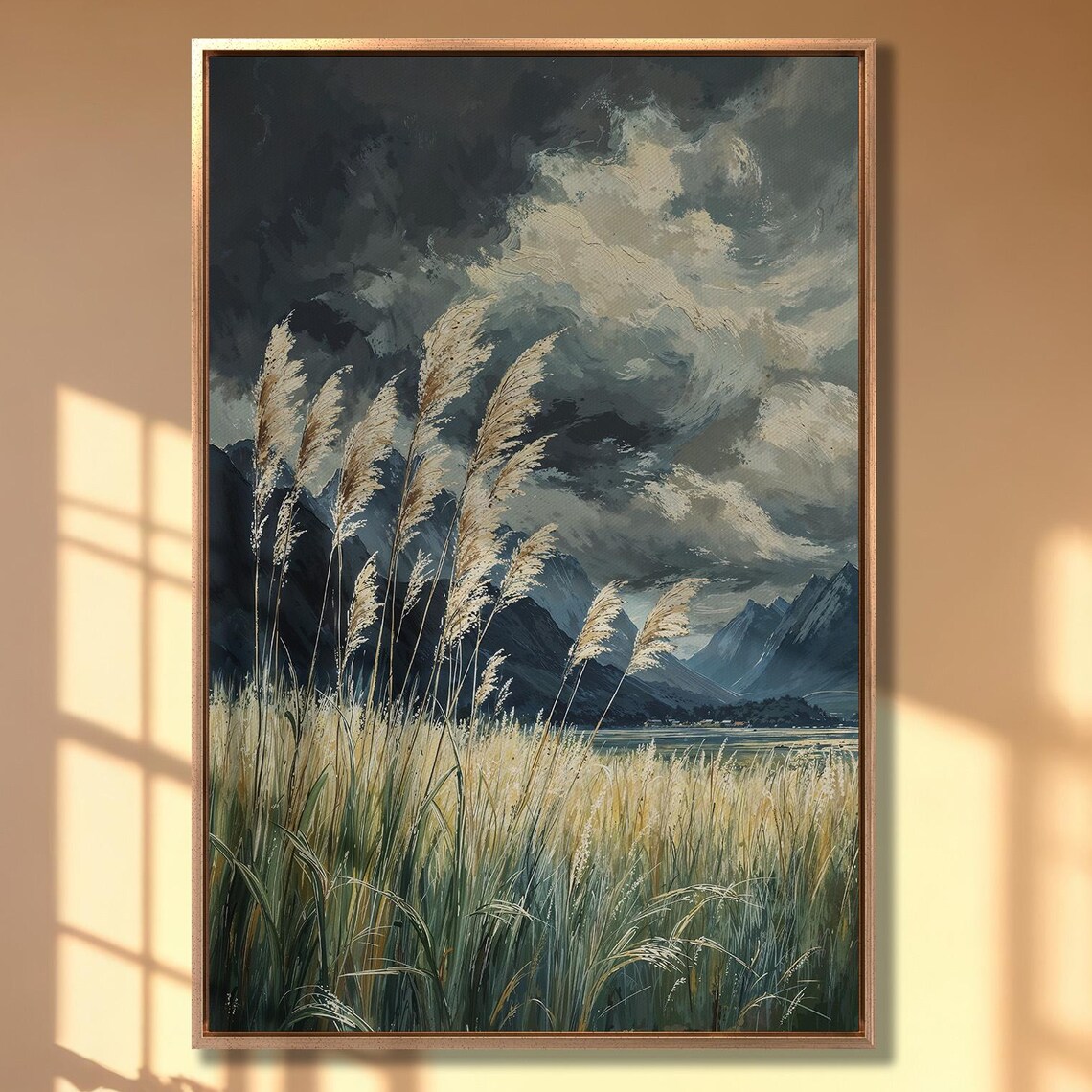 Tall Pampas Grass Swaying Before a Stormy Mountain Sky Poster
