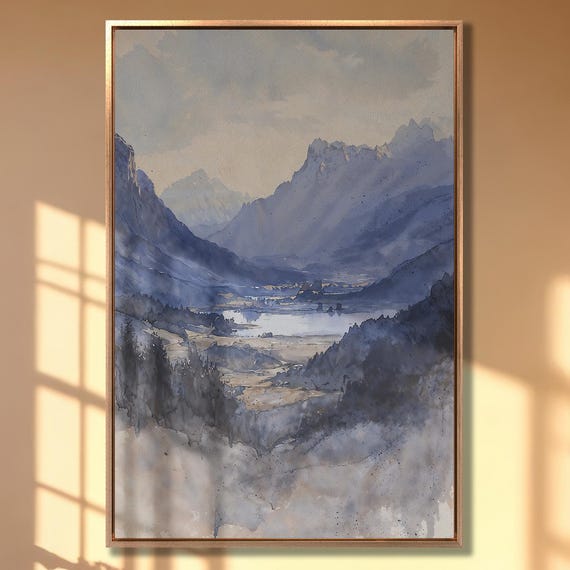 Mountain Lake Landscape Framed Print Extra Large Watercolor Painting Print Scenic Nature Wall Art Decor Gift Idea Ready To Hang