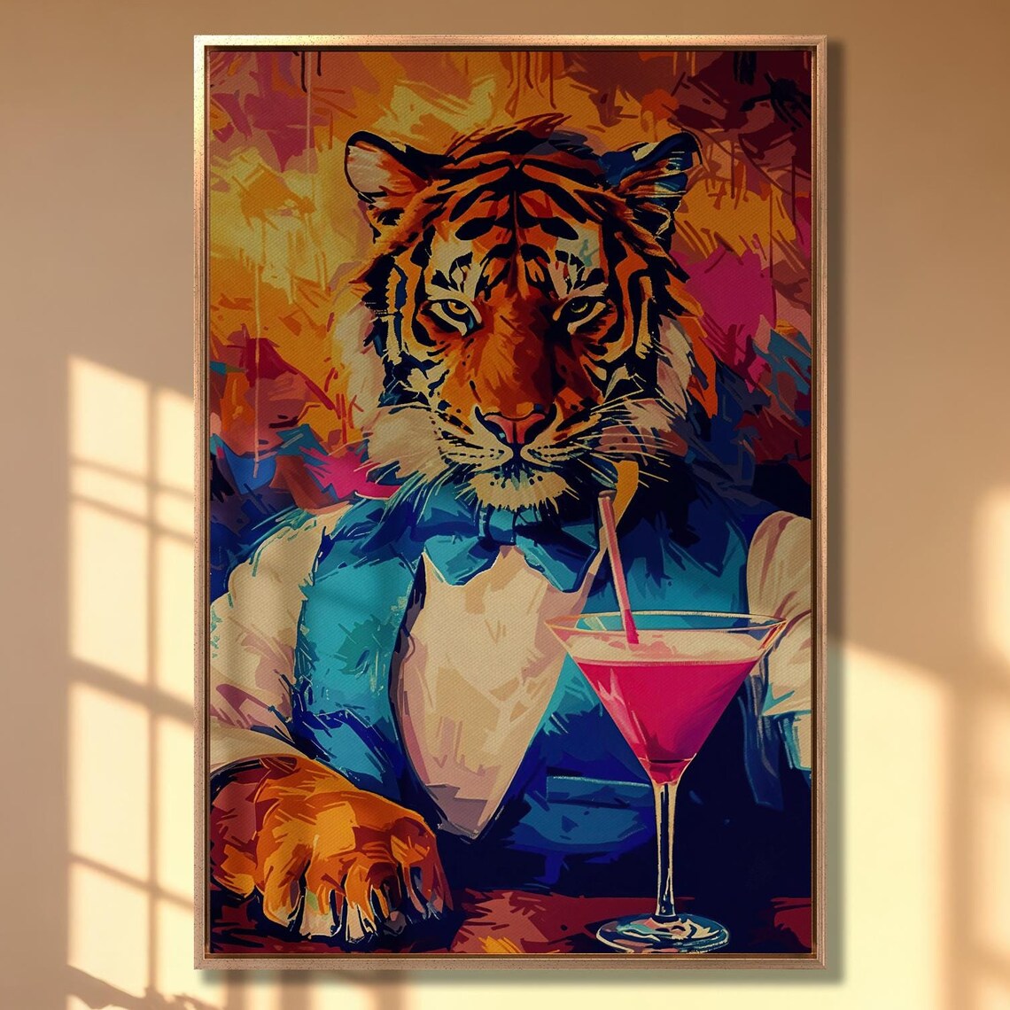 Colorful Pop Art Tiger in a Suit With a Pink Cocktail Drink Poster