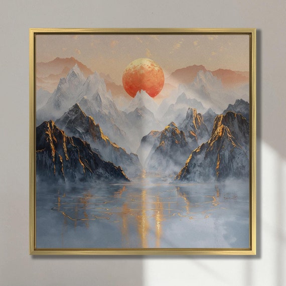 Sun Over Misty Mountains Wall Art Abstract Mountain Landscape Painting Print Tranquil Wall Decor Frozen Lake Poster Ready To Hang