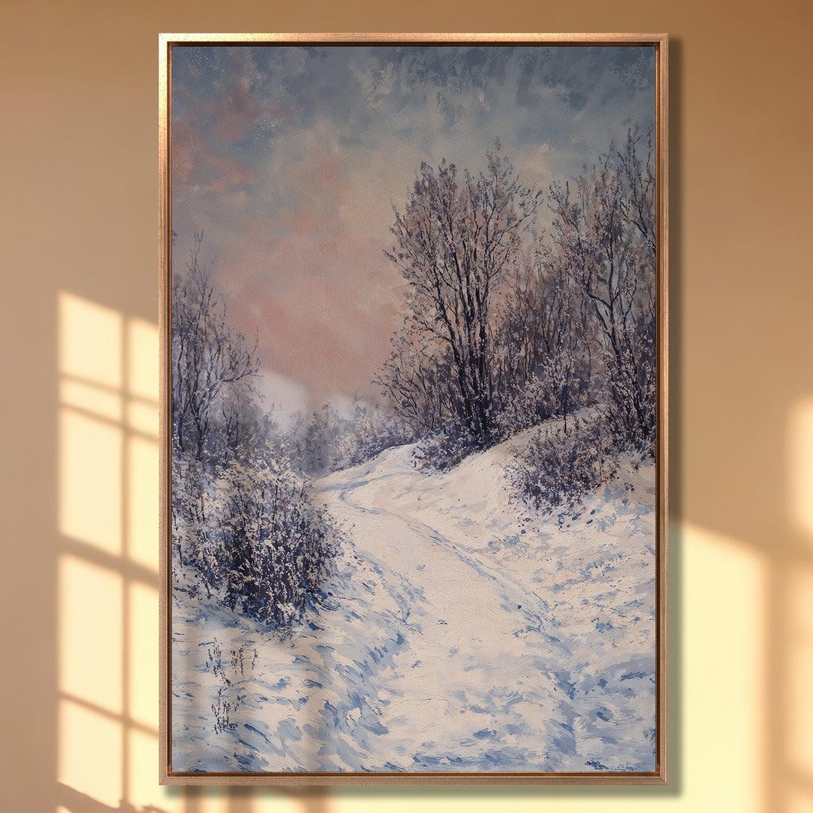 Snowy Forest Path at Dusk Beneath a Pink and Blue Sky Poster