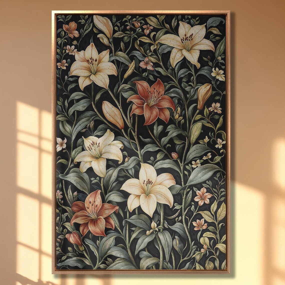 Cream White Lily Stems Climbing Dark Black Botanical Art Print