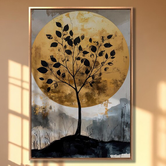 Tree Silhouette Against Golden Moon Wall Art Abstract Nature Painting Print Luxury Wall Decor Modern Landscape Poster Ready To Hang