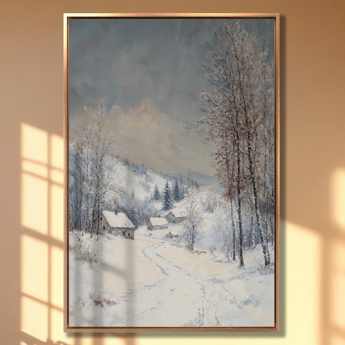 Snowy Country Road Past Wooden Cabins in Winter Woods Poster