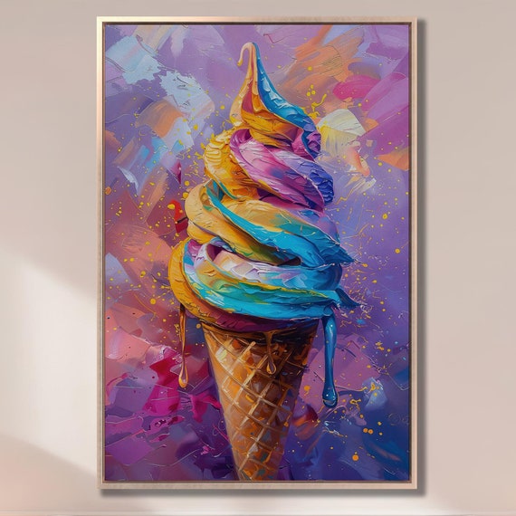Rainbow Ice Cream Wall Art Colorful Dessert Painting Print Large Bright Kitchen Wall Decor Delight Treat Poster Gift Ready To Hang
