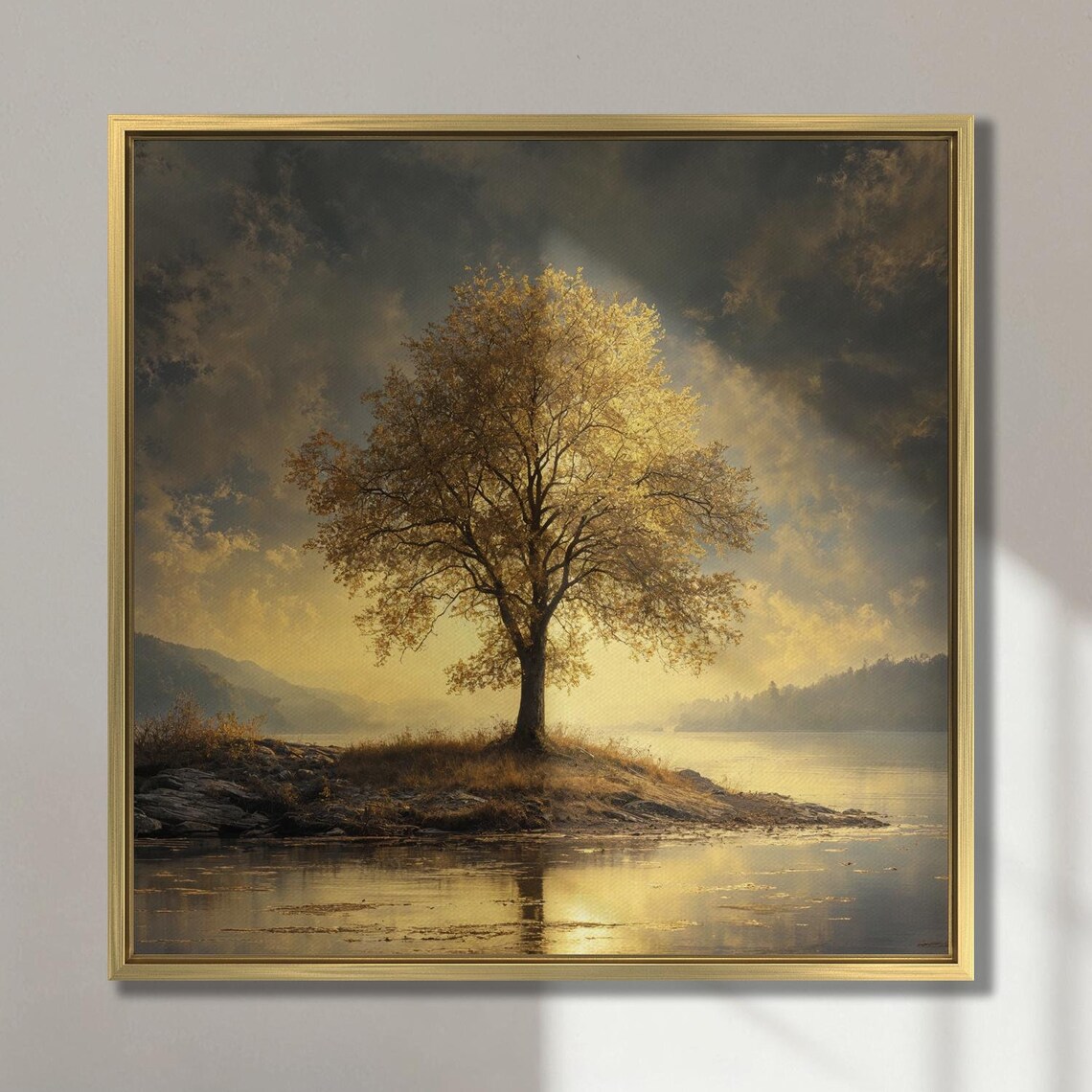 Sunlit Golden Tree by a Lake Under a Dramatic Sunset Wall Art