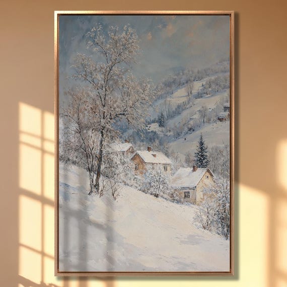Winter Wonderland Extra Large Framed Print Snowy Village And Mountain Landscape Wall Art Cozy Cottages Home Decor Ready To Hang