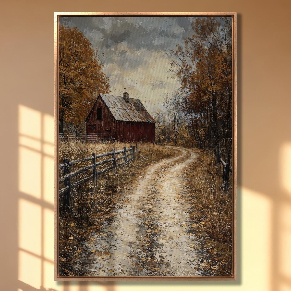 Red Barn at the End of Dirt Road in Golden Autumn Fields Poster