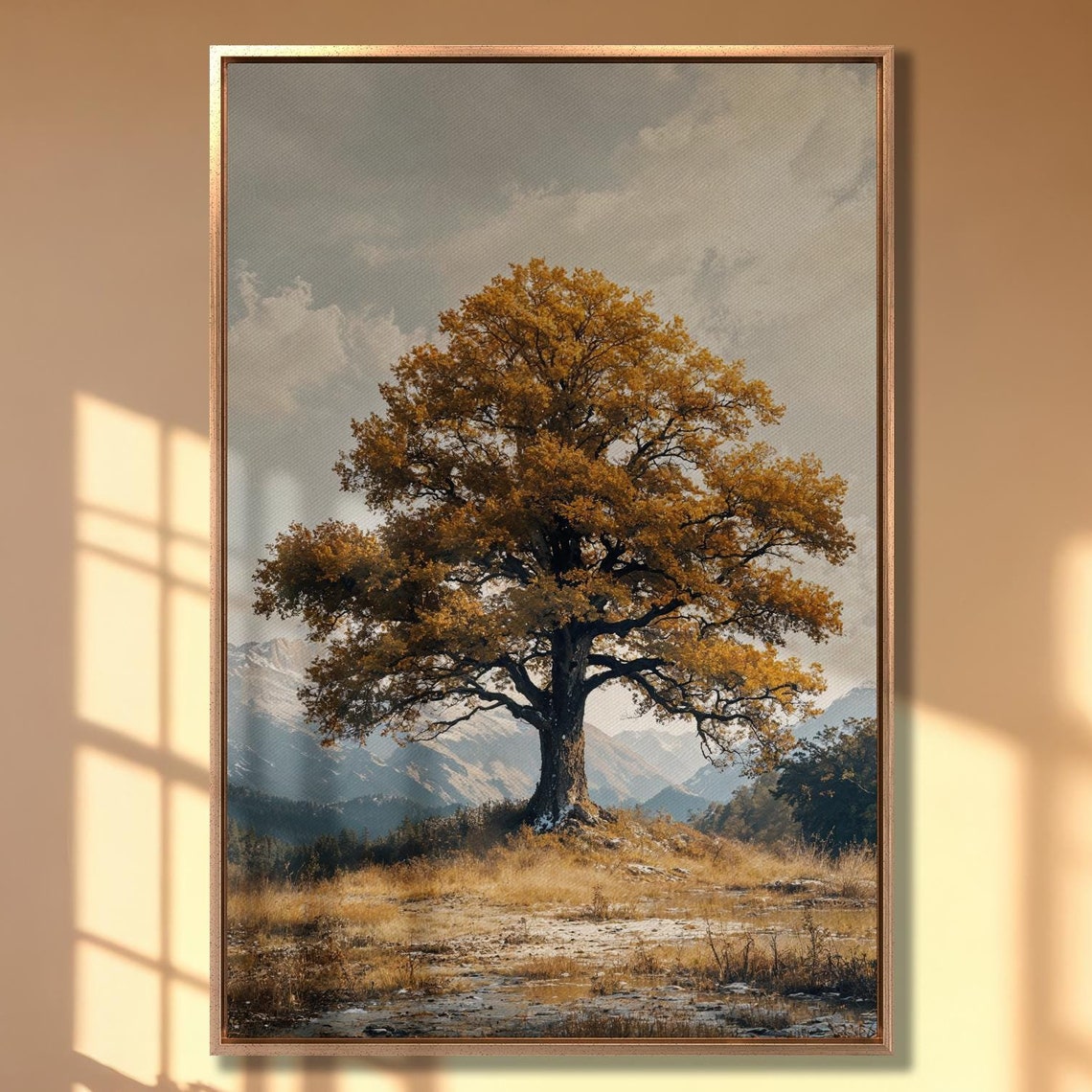 Majestic Autumn Oak Tree in Mountain Landscape Fall Season Poster