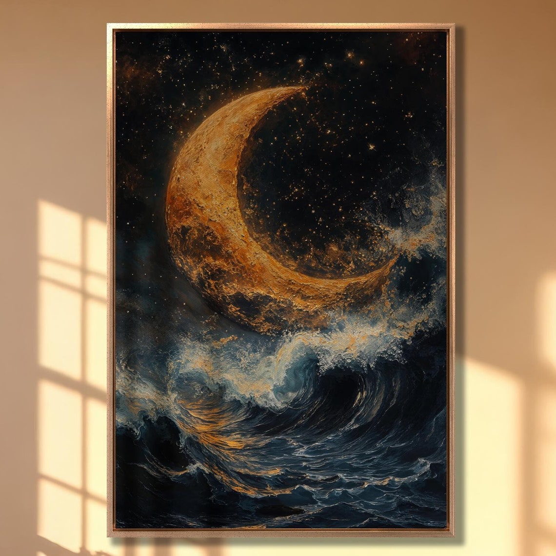 Golden Crescent Moon Over Dark Night Ocean Waves Seascape Poster