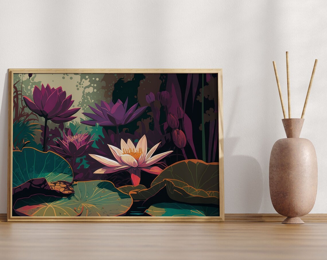 Purple Water Lilies On Pond Lily Pads Moody Floral Art Poster - Image 3