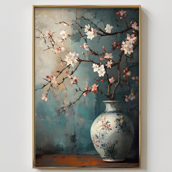 Chinoiserie Vase Impressionist Wall Art Cherry Blossoms Muted Greens Peach Teal Still Life Landscape Instant Floral