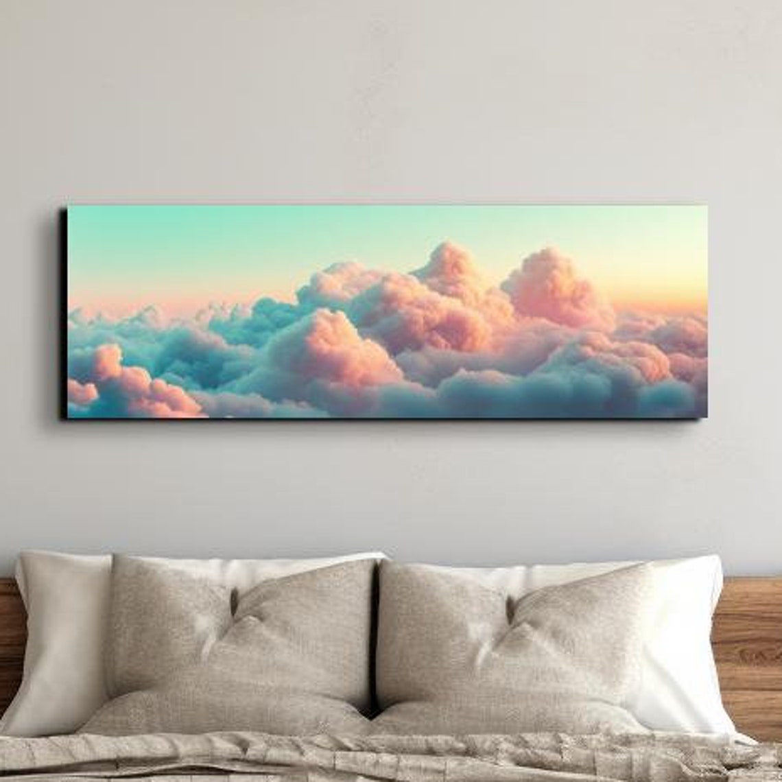 Beautiful Serene Clouds Pink Teal Landscape Art Ready To Hang Panoramic Wall Art Print Large Wall Art