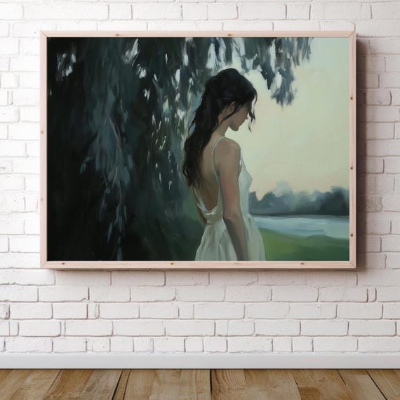 Moody Impressionist Girl Art Print Dark Romantic Painting Ethereal Modern Home Decor Melancholy Woman Willow Tree Wall Art Dreamy
